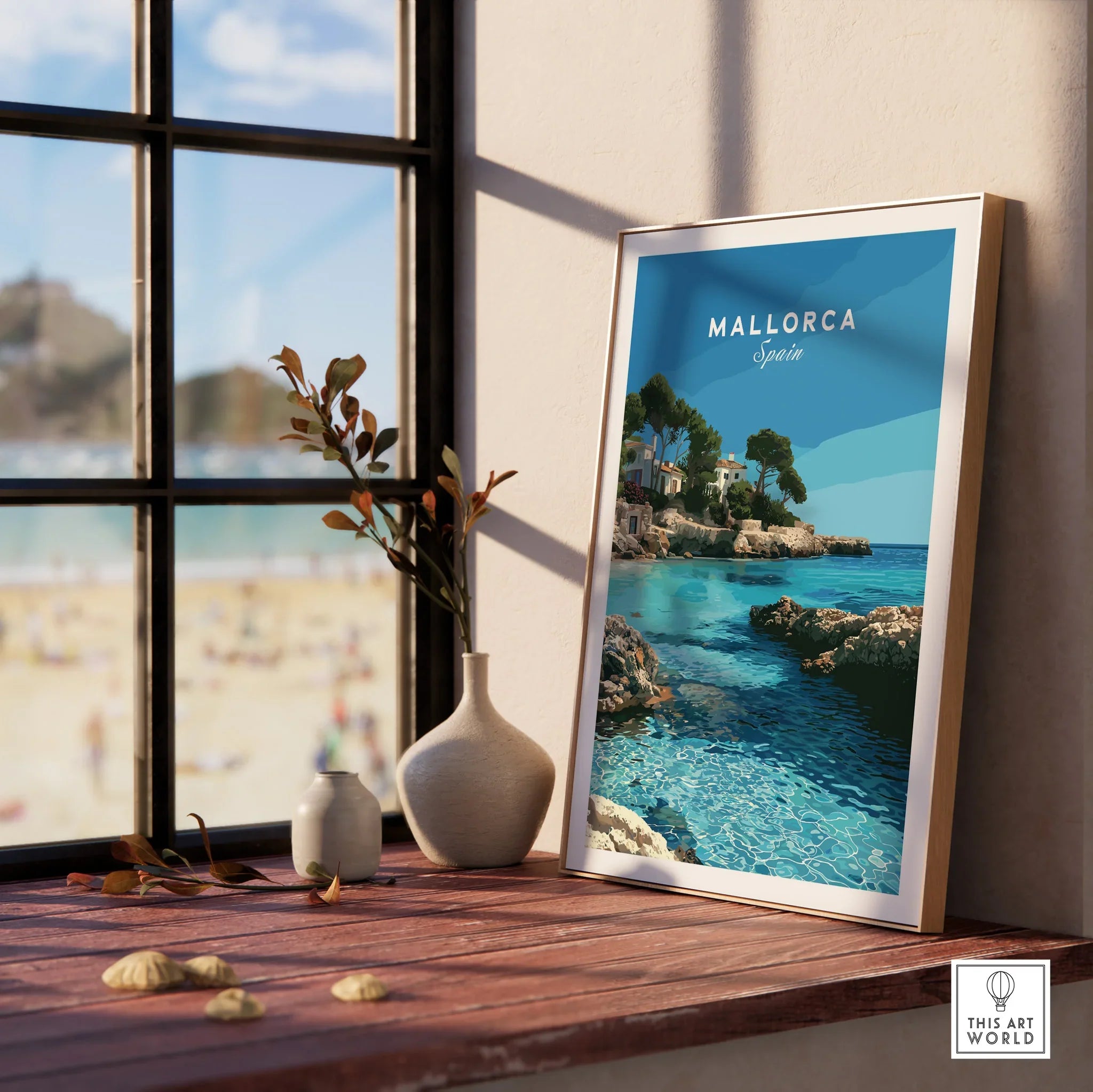 Mallorca Spain Coastal Cove Travel Poster — framed print window view natural wood frame