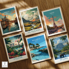 Mallorca Spain Coastal Cove Travel Poster — set six framed art prints wooden floor natural wood frames