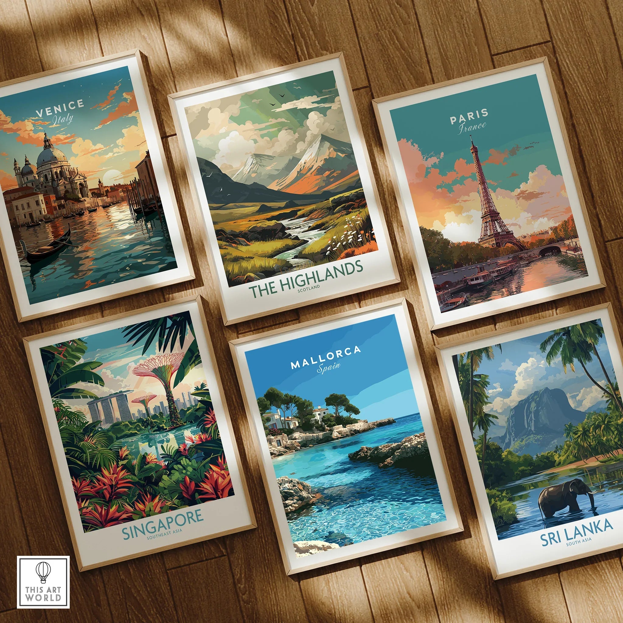 Mallorca Spain Coastal Cove Travel Poster — set six framed art prints wooden floor natural wood frames