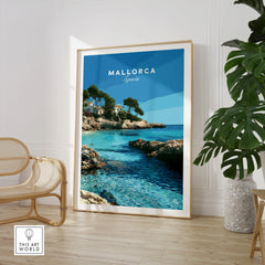 Mallorca Spain Coastal Cove Travel Poster — large framed print room setting chair plant
