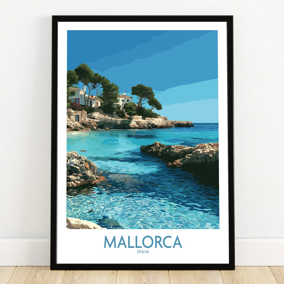 Mallorca Spain Hidden Cove Wall Art — art print in black frame on wooden floor