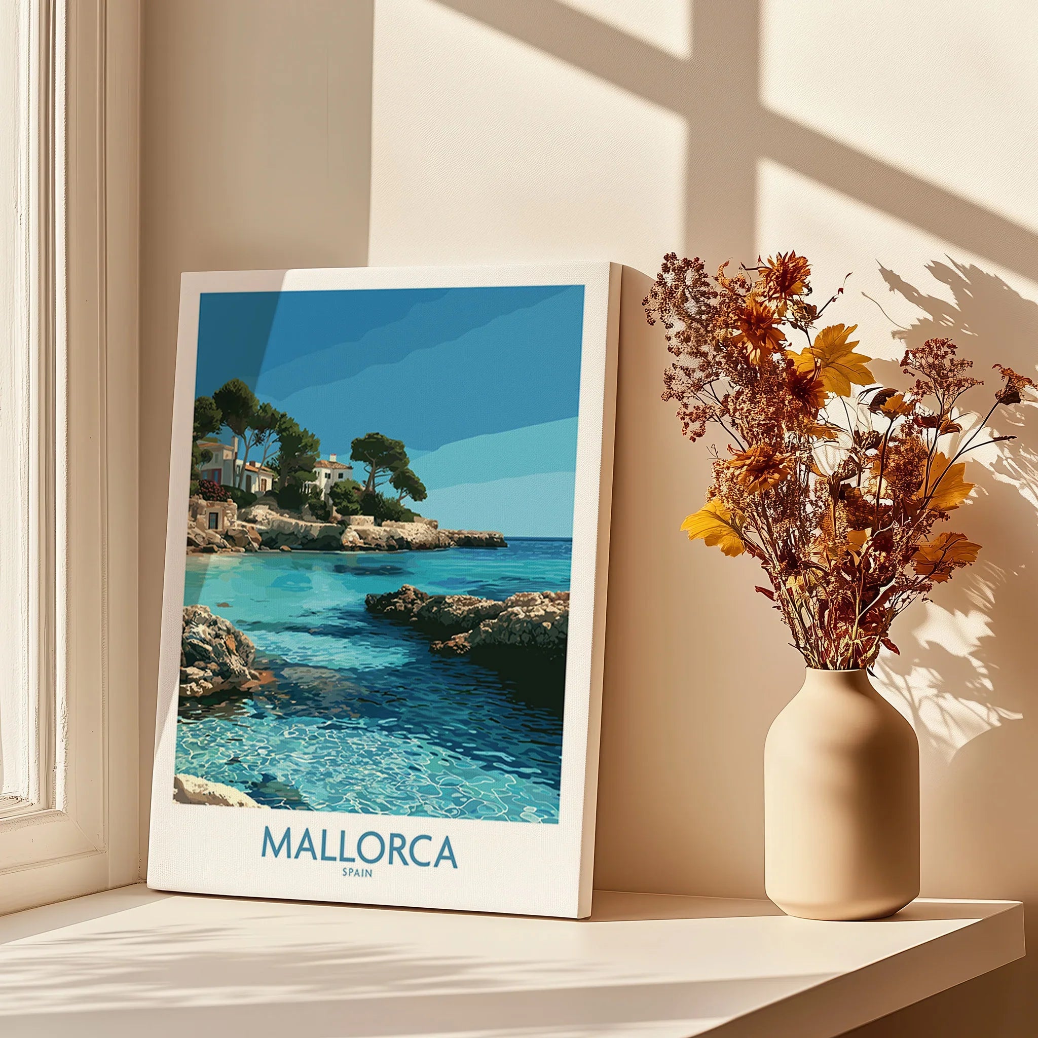 Mallorca Spain Hidden Cove Wall Art — canvas print window setting with shadows flowers