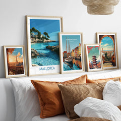Mallorca Spain Hidden Cove Wall Art — set five framed artprints above bed natural wood frames