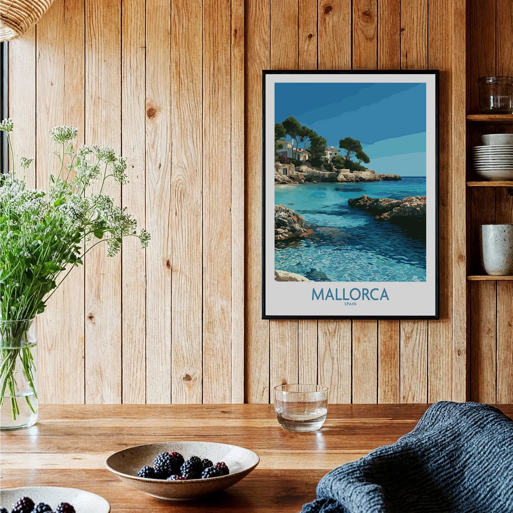Mallorca Spain Hidden Cove Wall Art — black framed art print kitchen setting