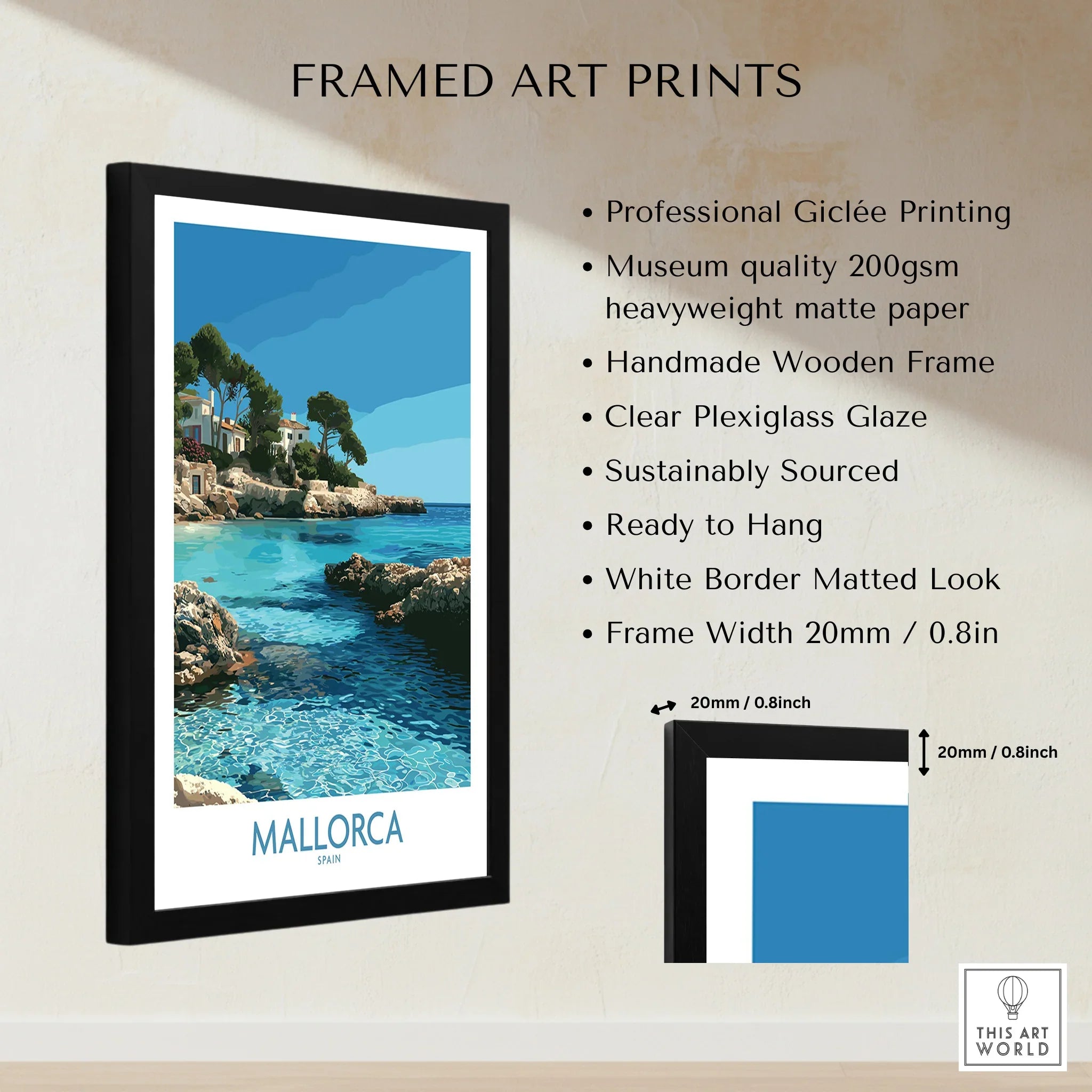 Mallorca Spain Hidden Cove Wall Art — framed print details measurements quality details