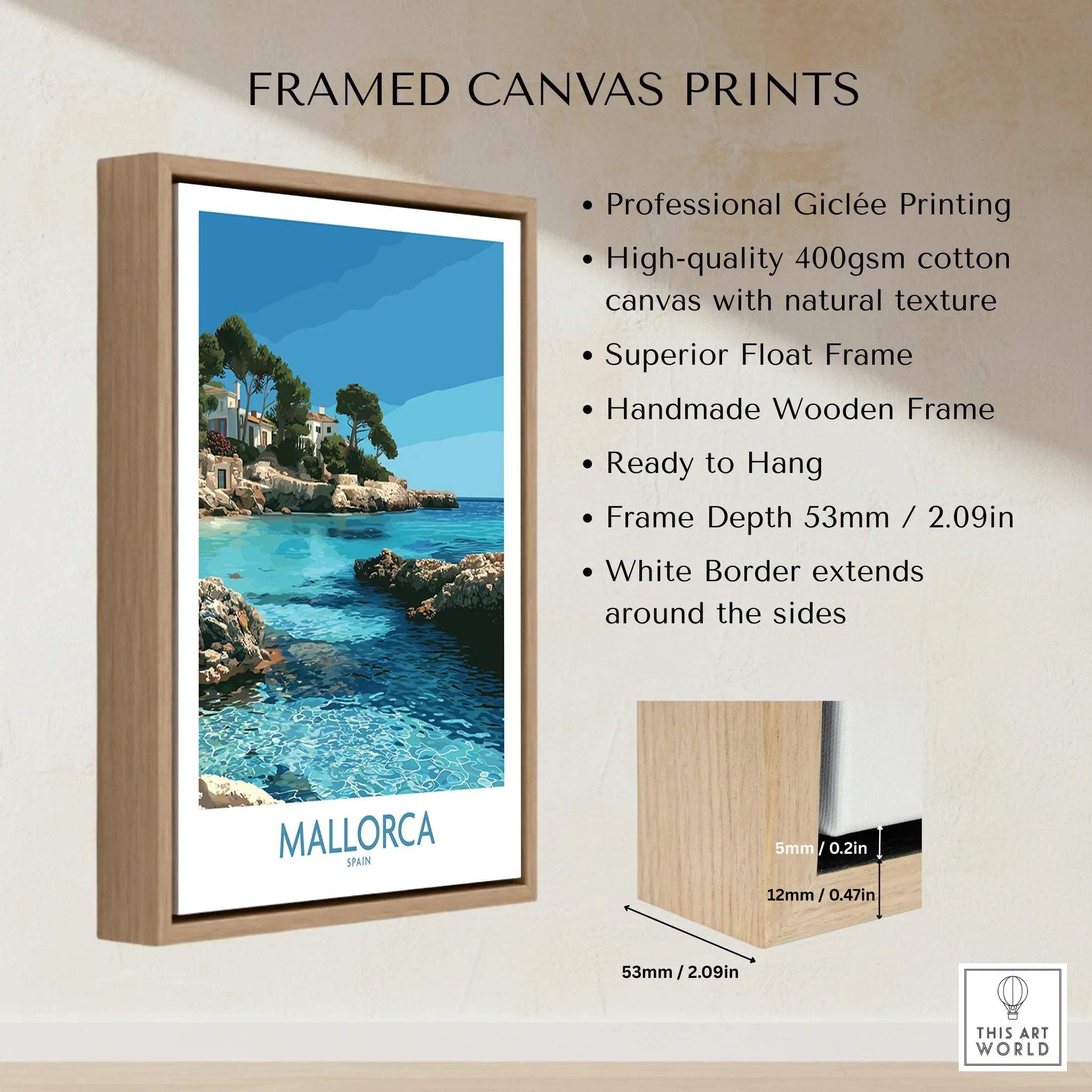Mallorca Spain Hidden Cove Wall Art — framed canvas float frame details quality