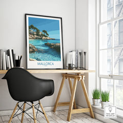 Mallorca Spain Hidden Cove Wall Art — framed poster black frame on office desk modern