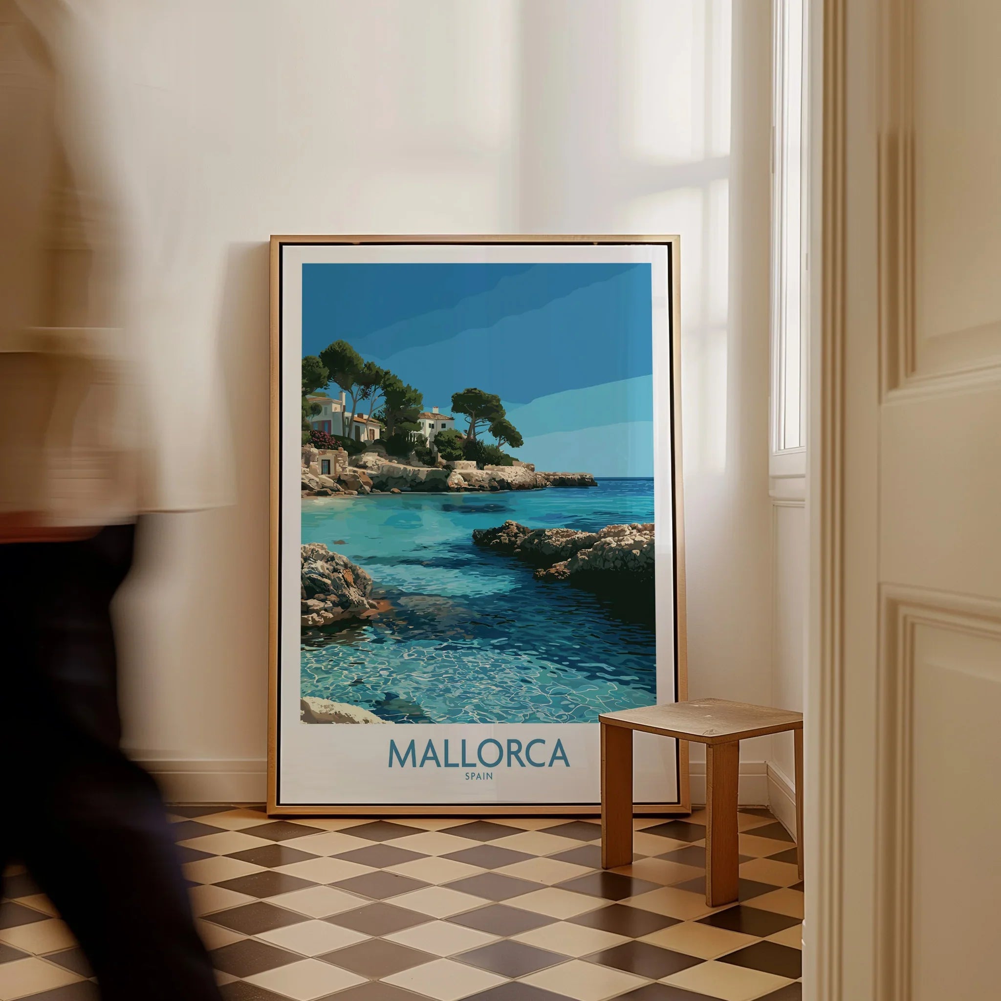 Mallorca Spain Hidden Cove Wall Art — framed canvas on floor man walking past