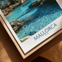 Mallorca Spain Hidden Cove Wall Art — closeup framed canvas natural wood floating frame
