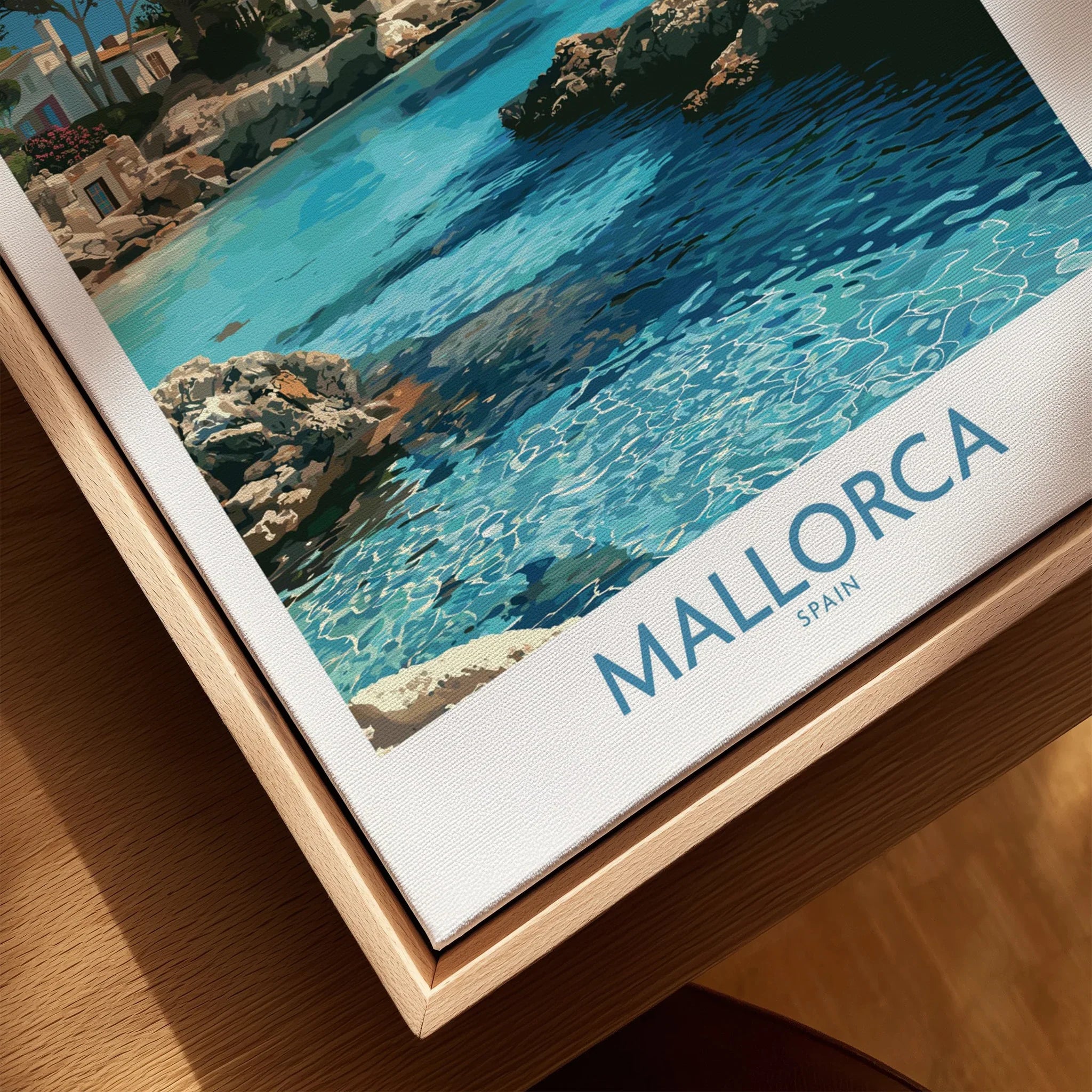 Mallorca Spain Hidden Cove Wall Art — closeup framed canvas natural wood floating frame