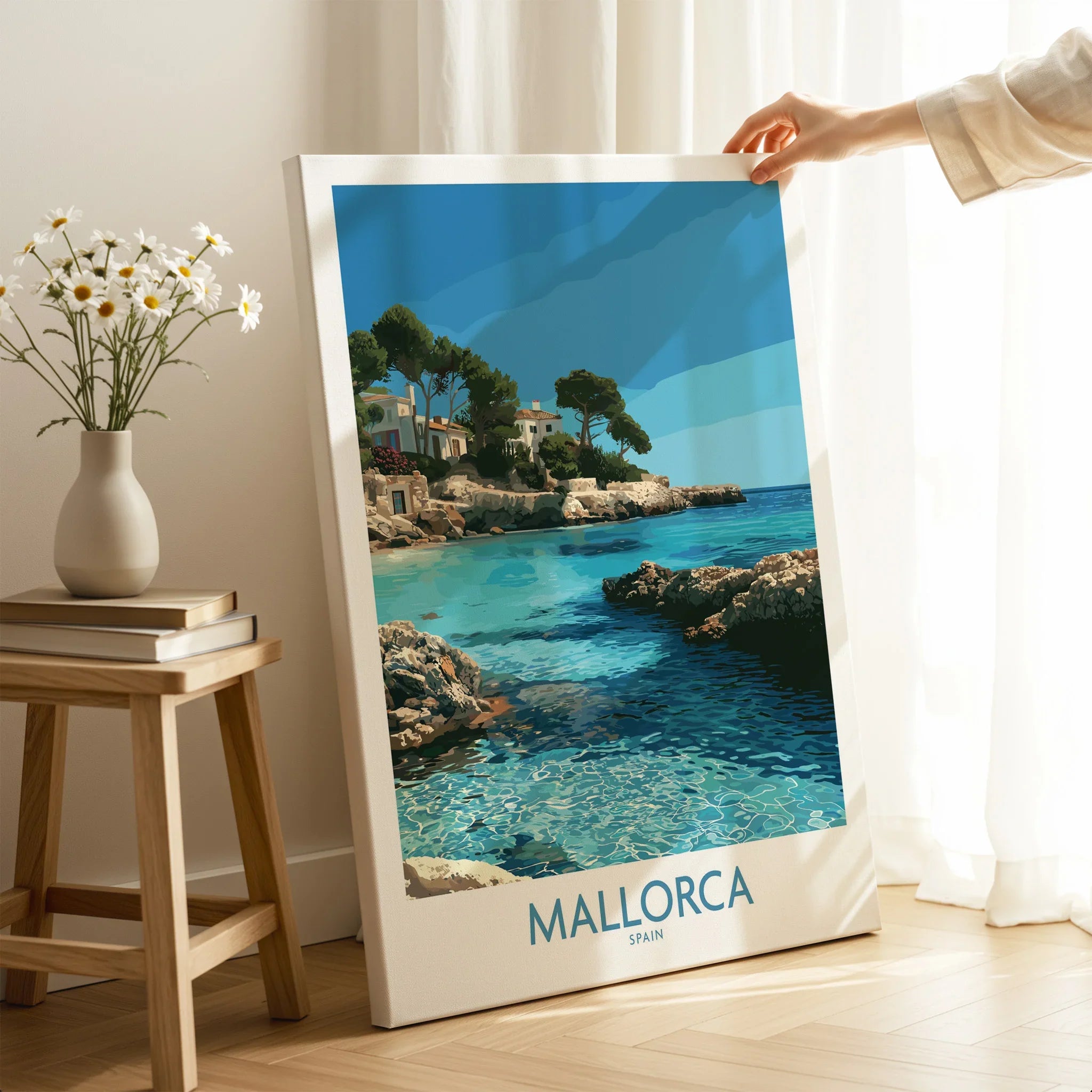 Mallorca Spain Hidden Cove Wall Art — canvas print mirror edge hand holding room setting