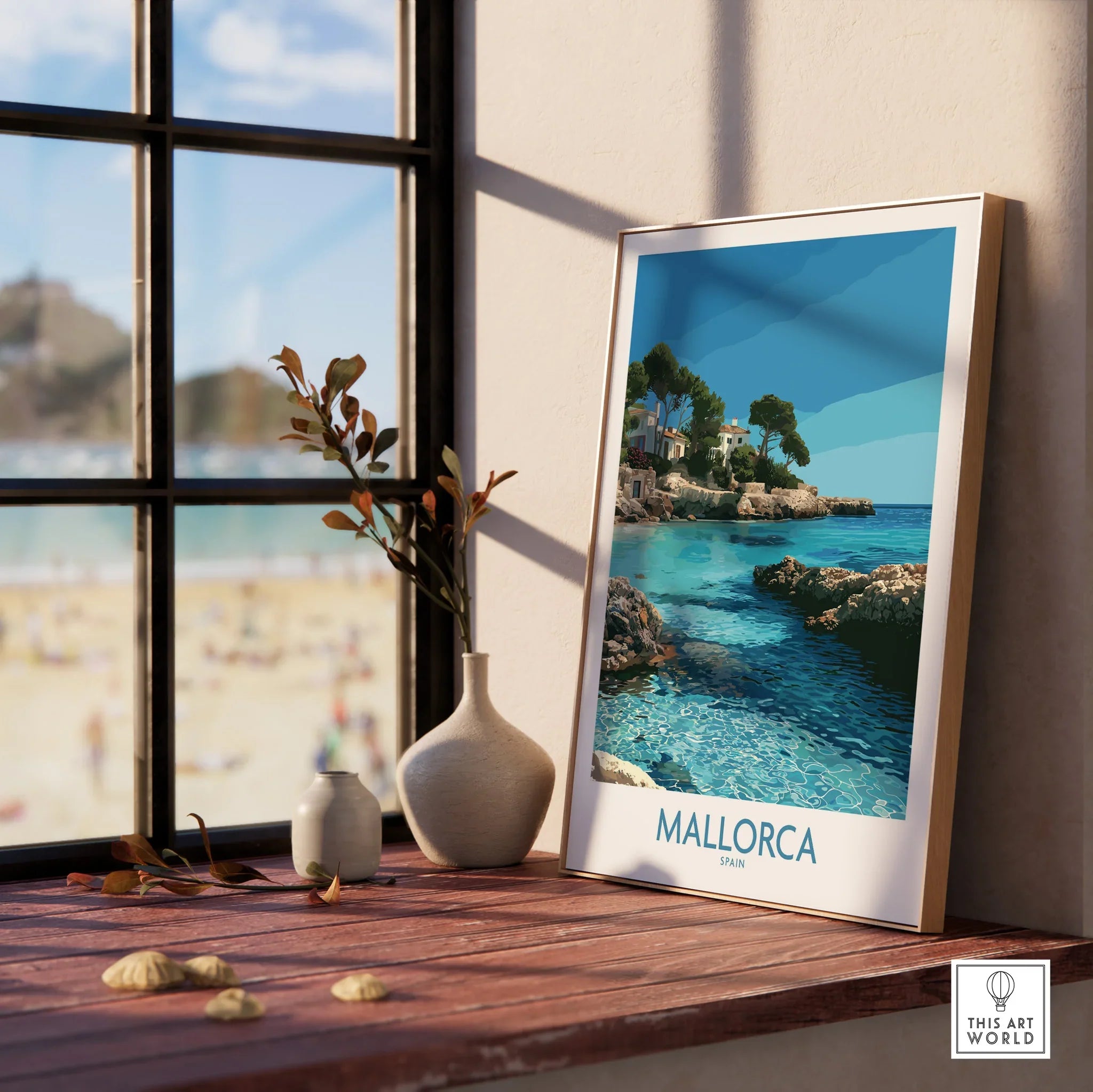 Mallorca Spain Hidden Cove Wall Art — framed print window view natural wood frame