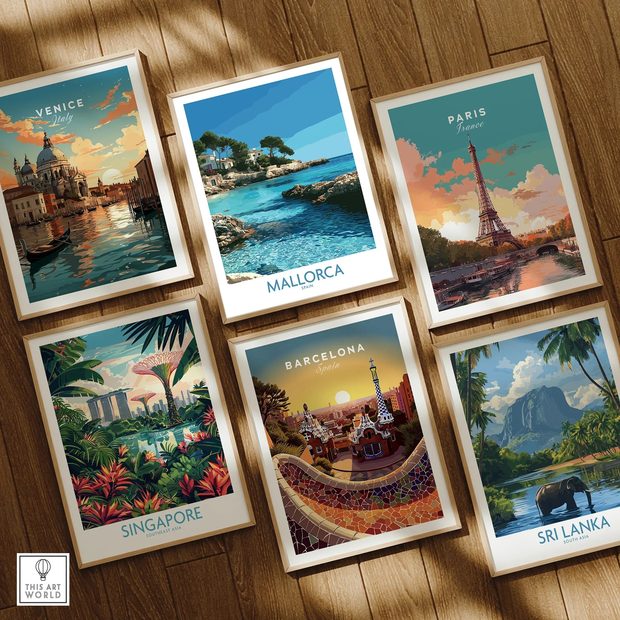 Mallorca Spain Hidden Cove Wall Art — set six framed art prints wooden floor natural wood frames