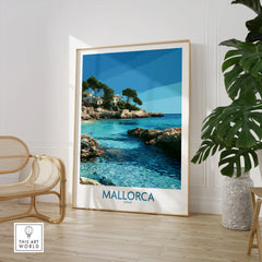 Mallorca Spain Hidden Cove Wall Art — large framed print room setting chair plant