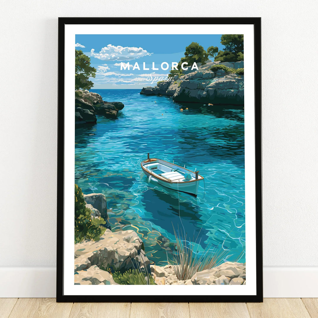 Mallorca Spain Turquoise Bay Travel Poster — art print in black frame on wooden floor