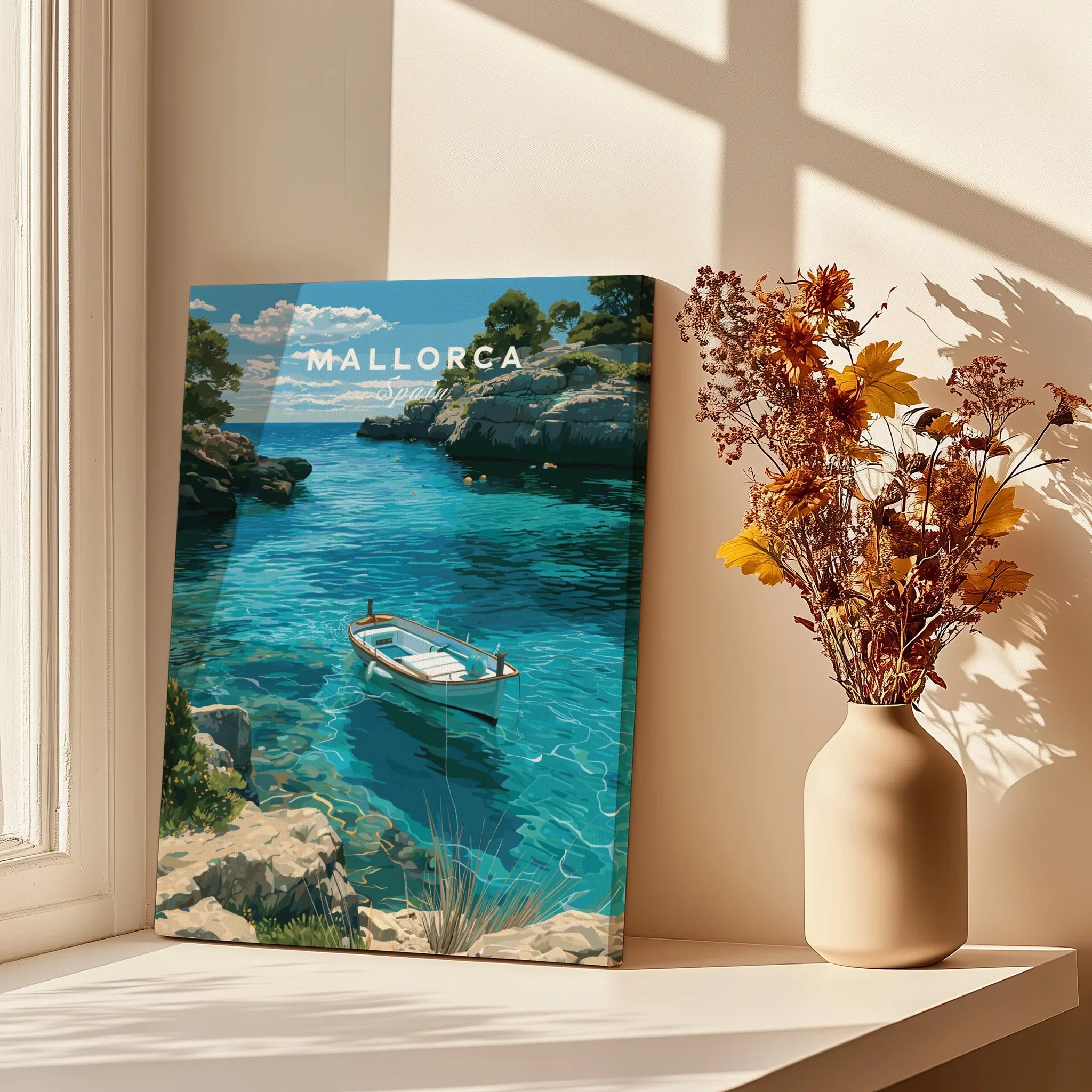 Mallorca Spain Turquoise Bay Travel Poster — canvas print window setting with shadows flowers