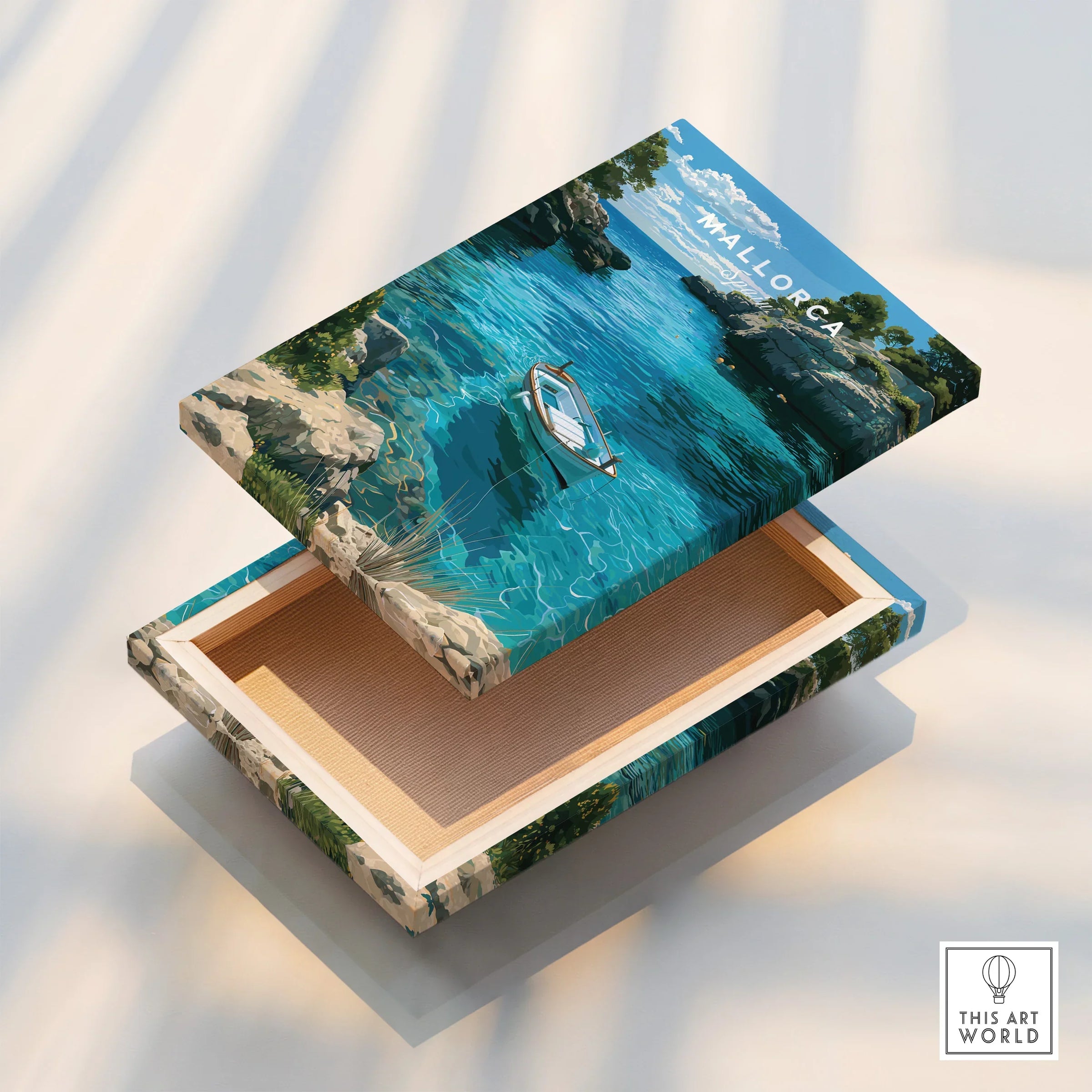 Mallorca Spain Turquoise Bay Travel Poster — stretched canvas print floating detail mirror edge