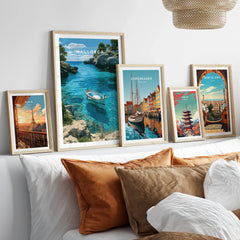 Mallorca Spain Turquoise Bay Travel Poster — set five framed artprints above bed natural wood frames
