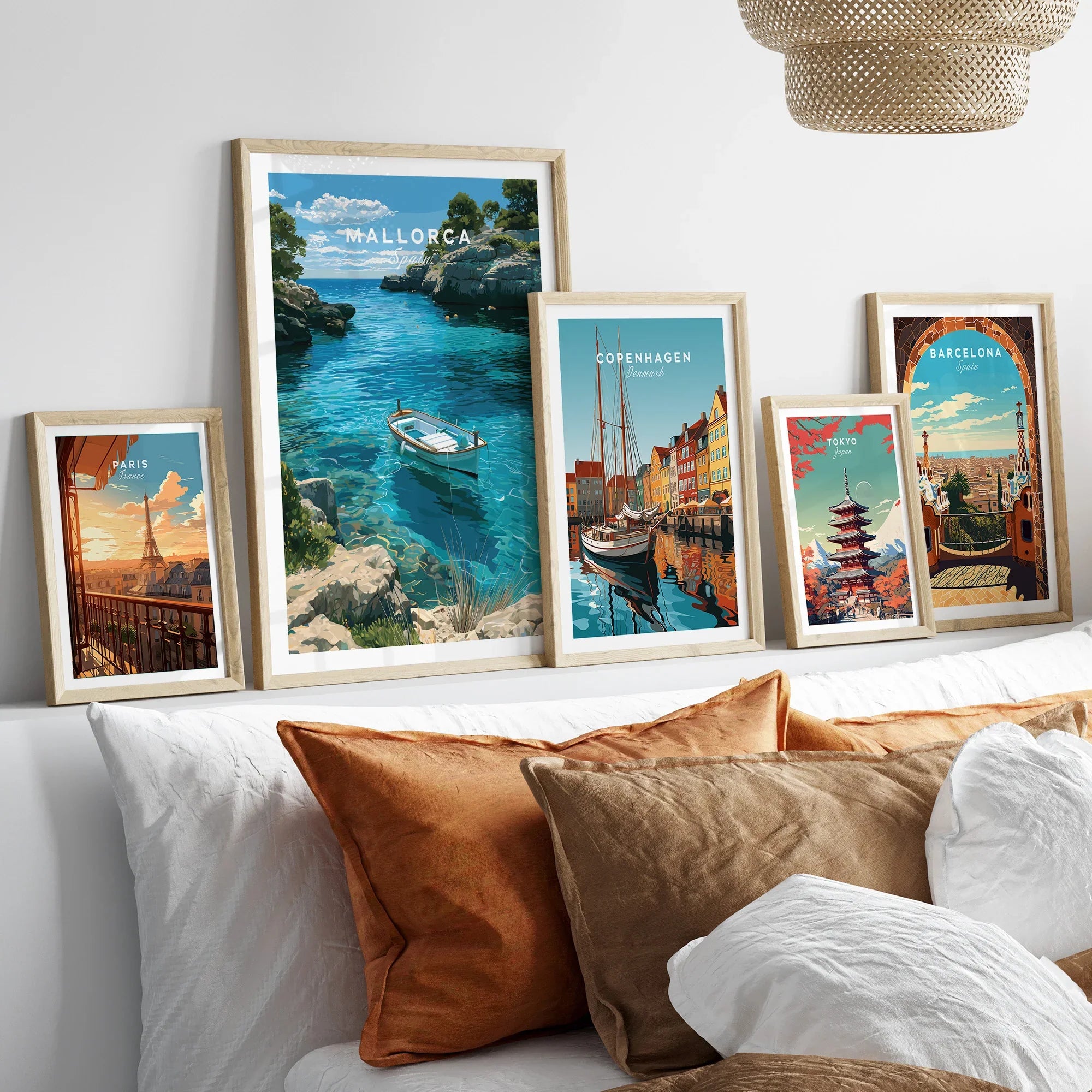 Mallorca Spain Turquoise Bay Travel Poster — set five framed artprints above bed natural wood frames