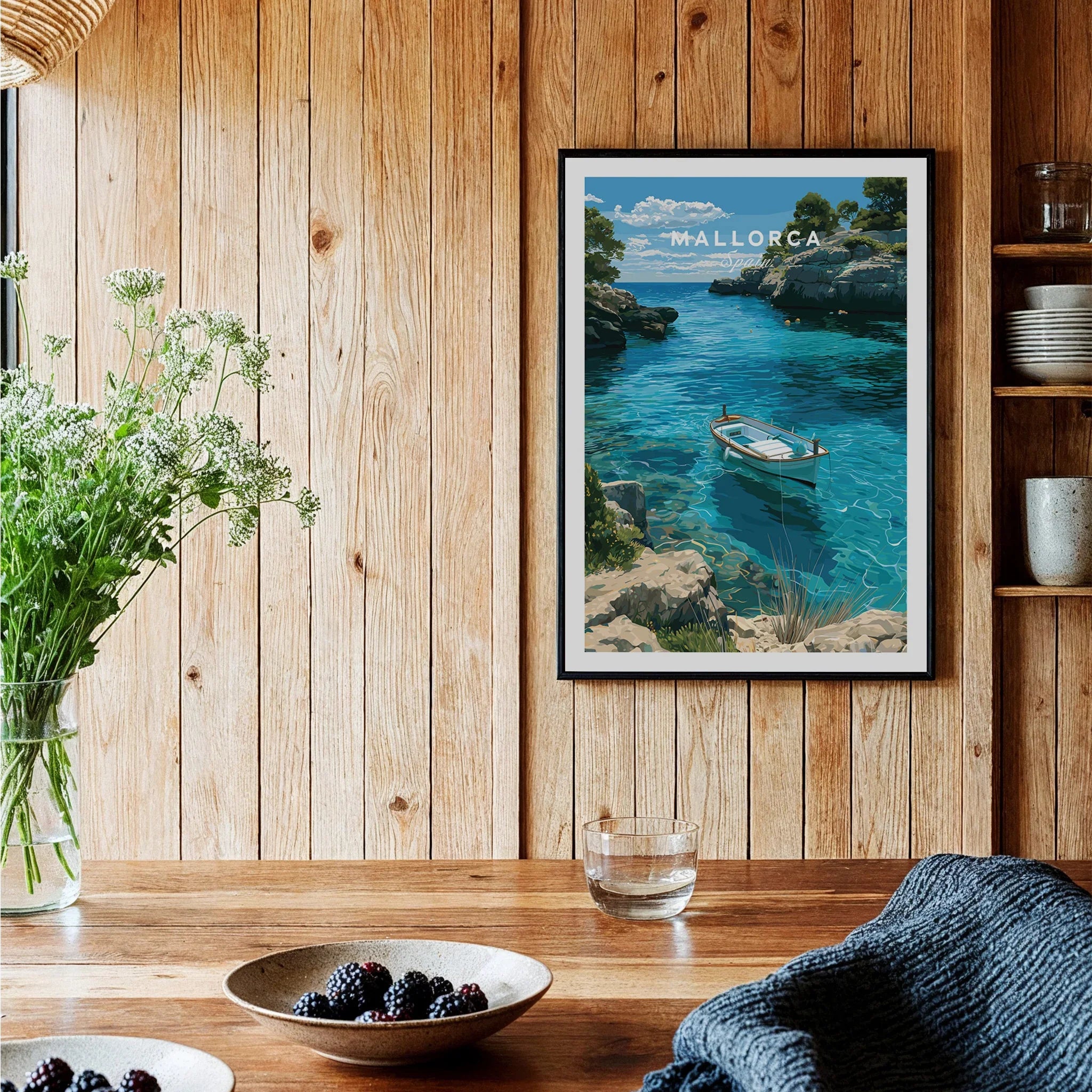 Mallorca Spain Turquoise Bay Travel Poster — black framed art print kitchen setting