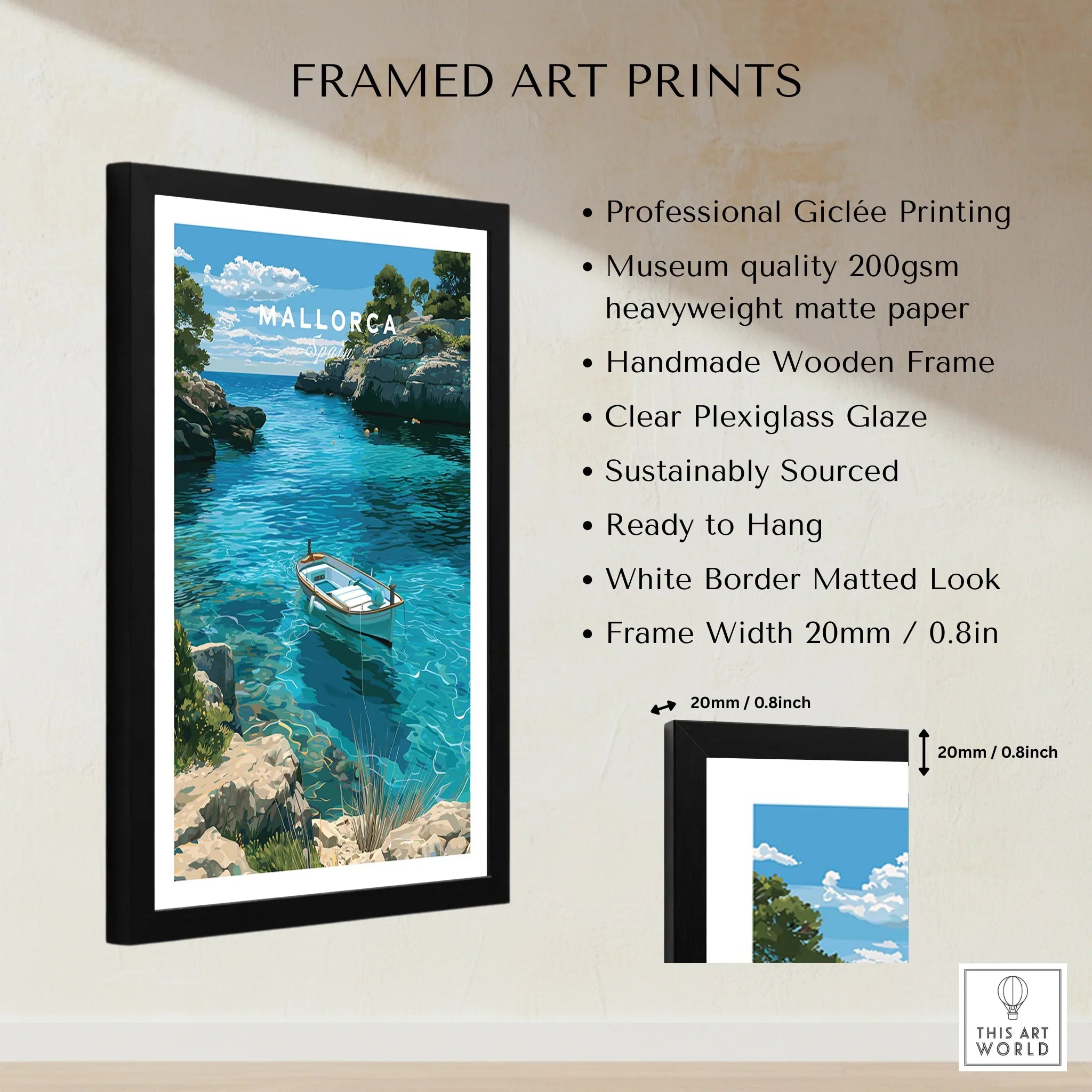 Mallorca Spain Turquoise Bay Travel Poster — framed print details measurements quality details