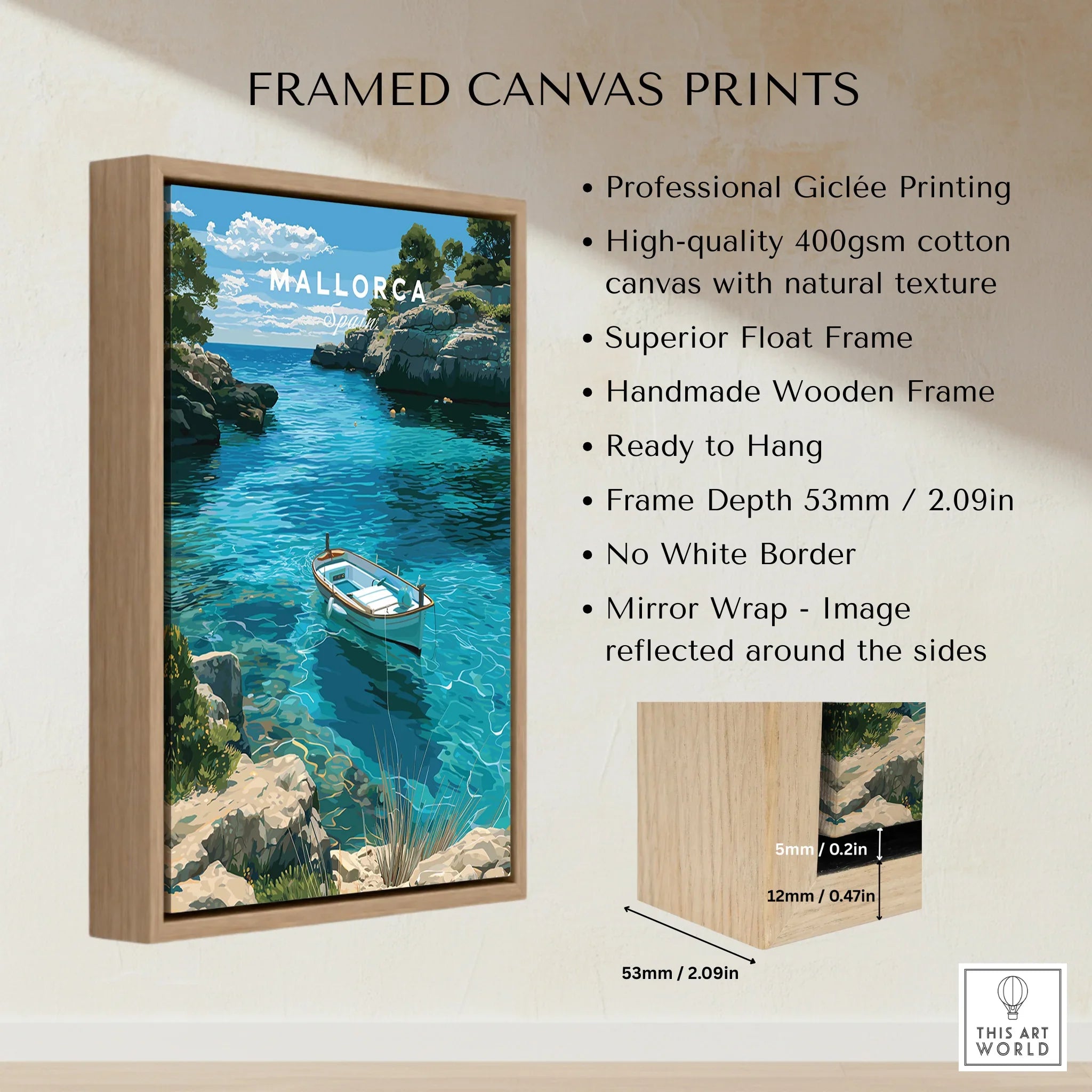 Mallorca Spain Turquoise Bay Travel Poster — framed canvas float frame details quality