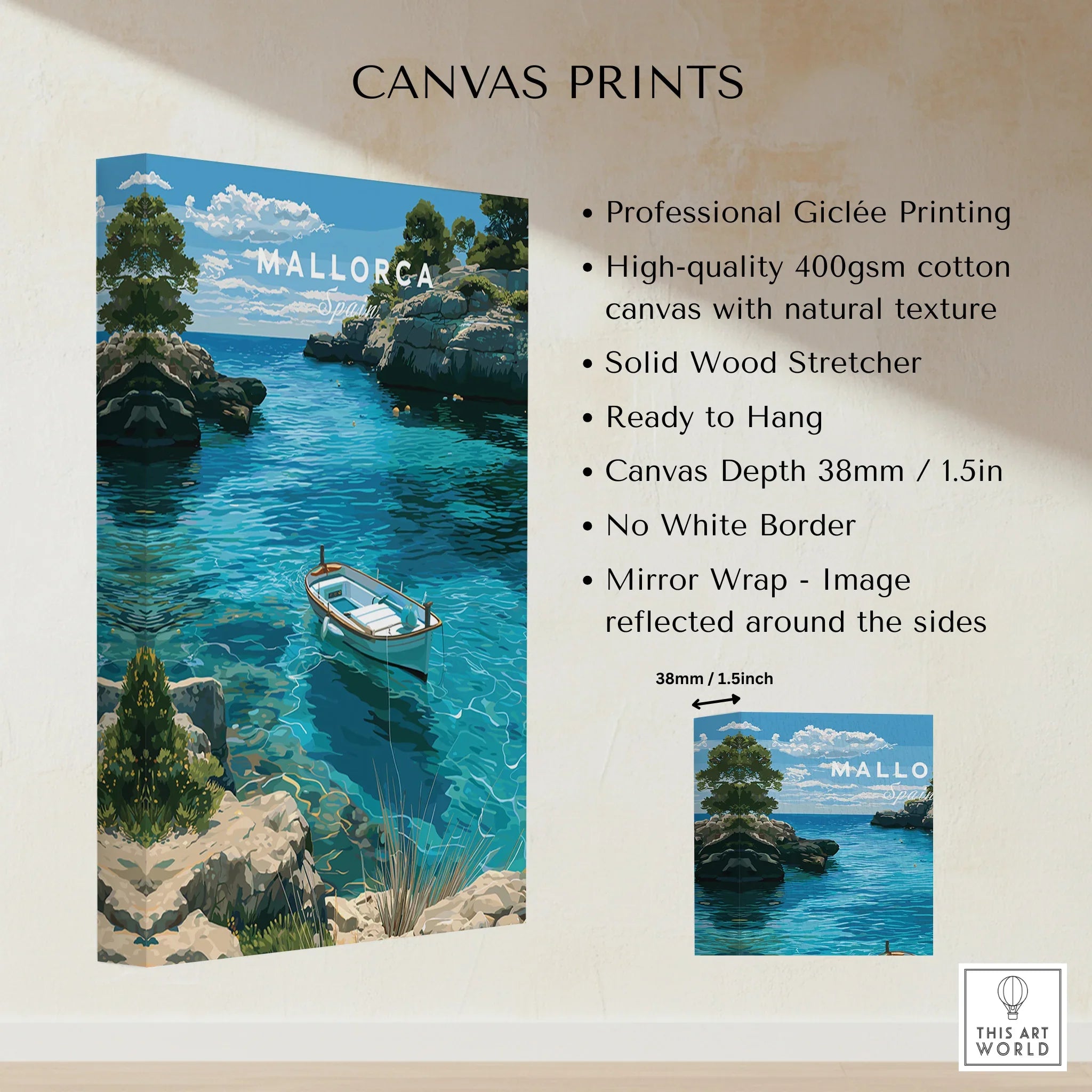 Mallorca Spain Turquoise Bay Travel Poster — canvas print stretched cotton canvas details