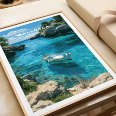 Mallorca Spain Turquoise Bay Travel Poster — framed art print closeup gift unwrapped natural frame