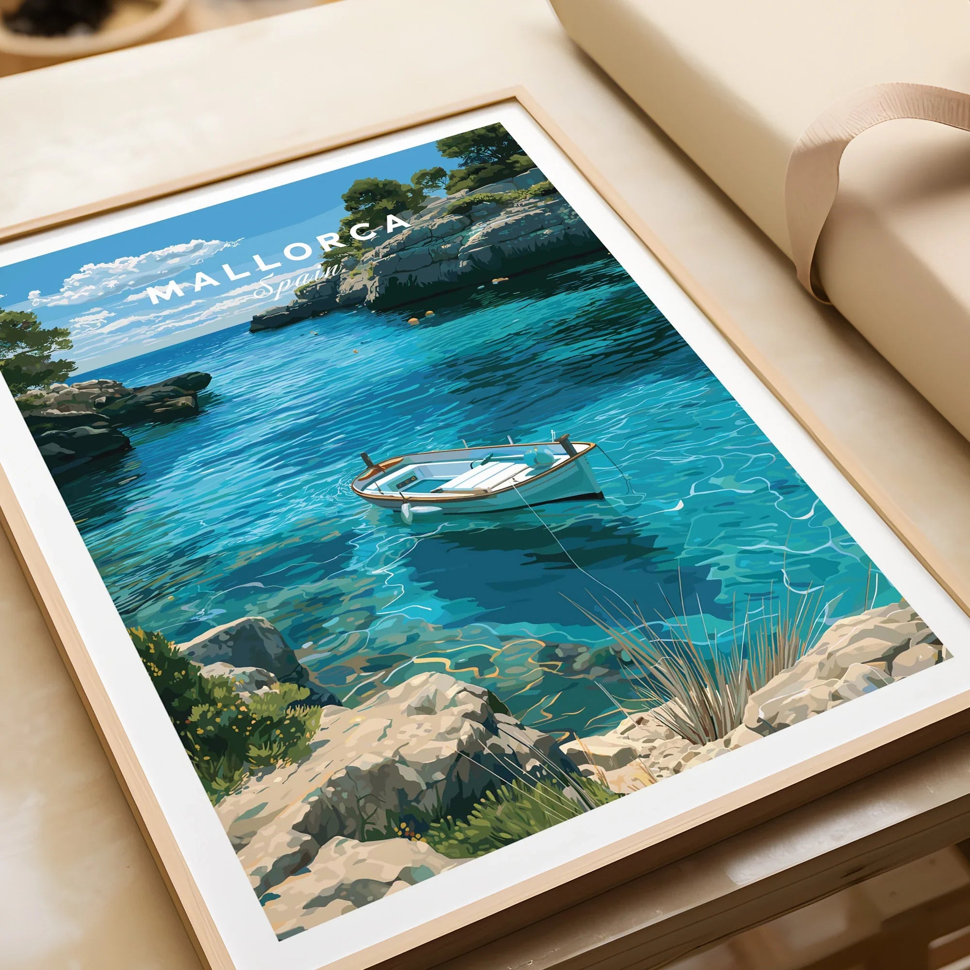 Mallorca Spain Turquoise Bay Travel Poster — framed art print closeup gift unwrapped natural frame
