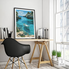 Mallorca Spain Turquoise Bay Travel Poster — framed poster black frame on office desk modern