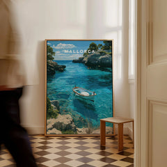 Mallorca Spain Turquoise Bay Travel Poster — framed canvas on floor man walking past