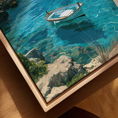Mallorca Spain Turquoise Bay Travel Poster — closeup framed canvas natural wood floating frame