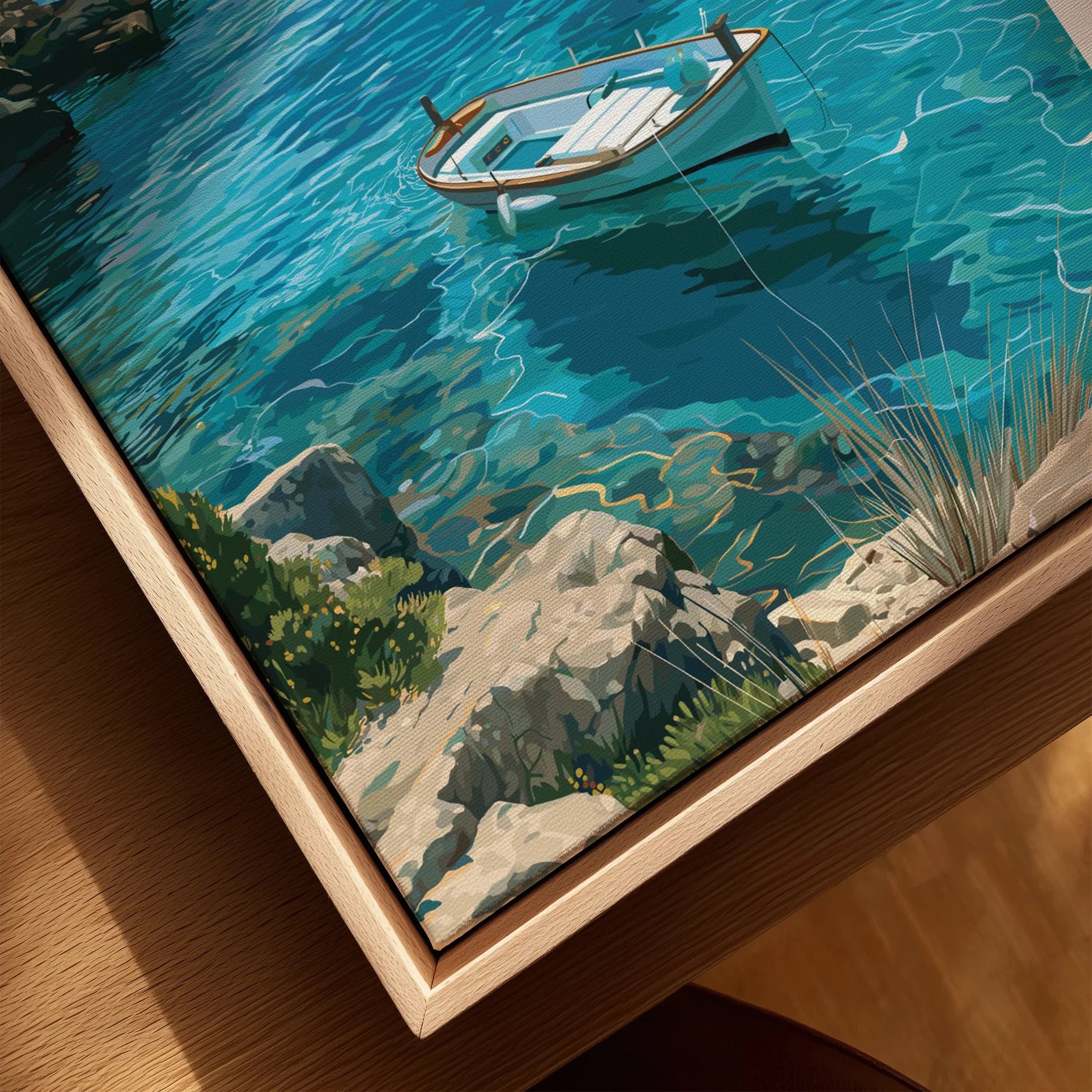 Mallorca Spain Turquoise Bay Travel Poster — closeup framed canvas natural wood floating frame