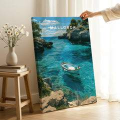 Mallorca Spain Turquoise Bay Travel Poster — canvas print mirror edge hand holding room setting