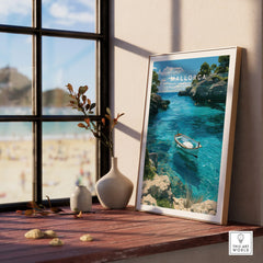 Mallorca Spain Turquoise Bay Travel Poster — framed print window view natural wood frame