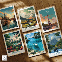 Mallorca Spain Turquoise Bay Travel Poster — set six framed art prints wooden floor natural wood frames