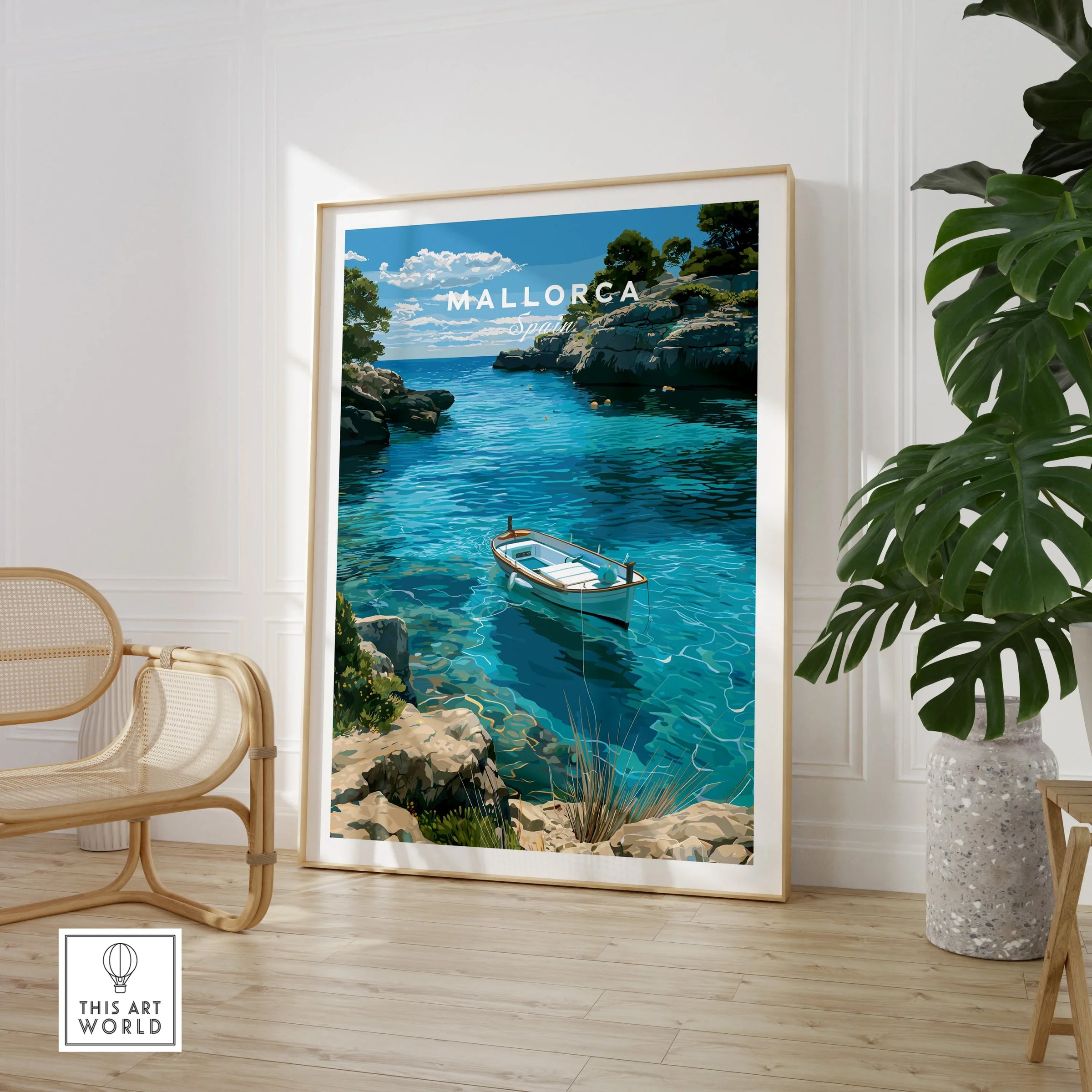 Mallorca Spain Turquoise Bay Travel Poster — large framed print room setting chair plant