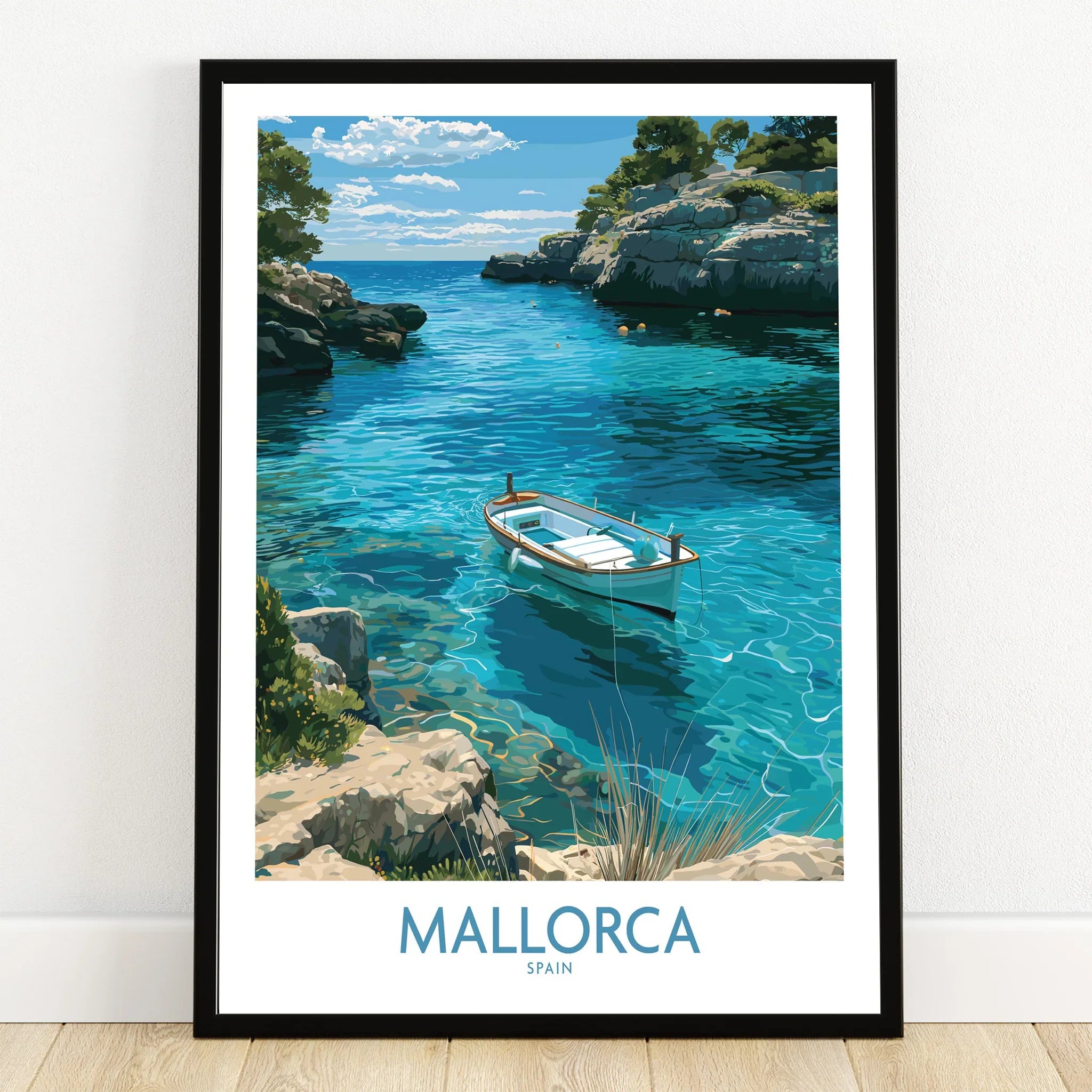 Mallorca Spain Rowing Boat Wall Art — art print in black frame on wooden floor