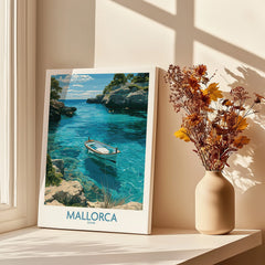 Mallorca Spain Rowing Boat Wall Art — canvas print window setting with shadows flowers