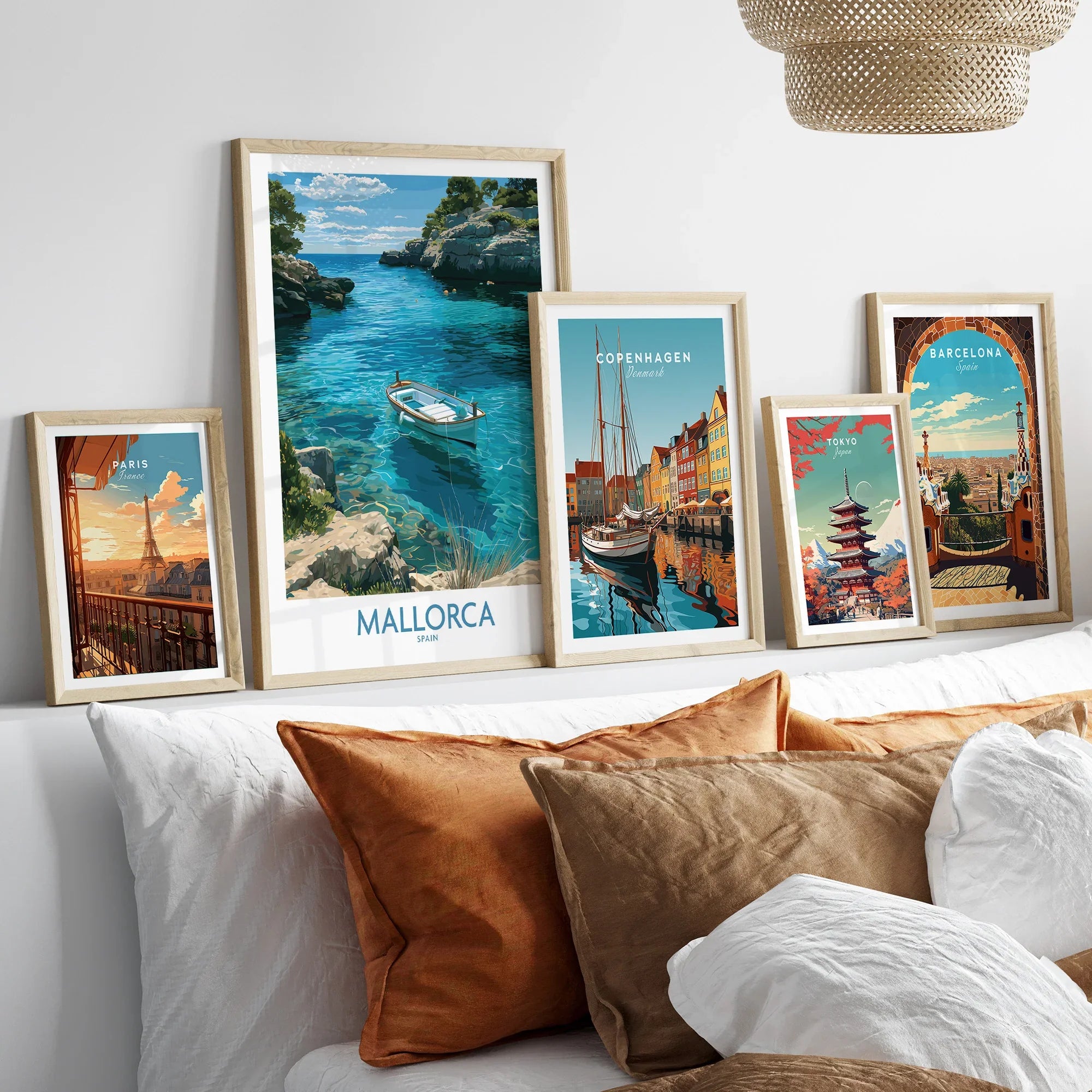 Mallorca Spain Rowing Boat Wall Art — set five framed artprints above bed natural wood frames