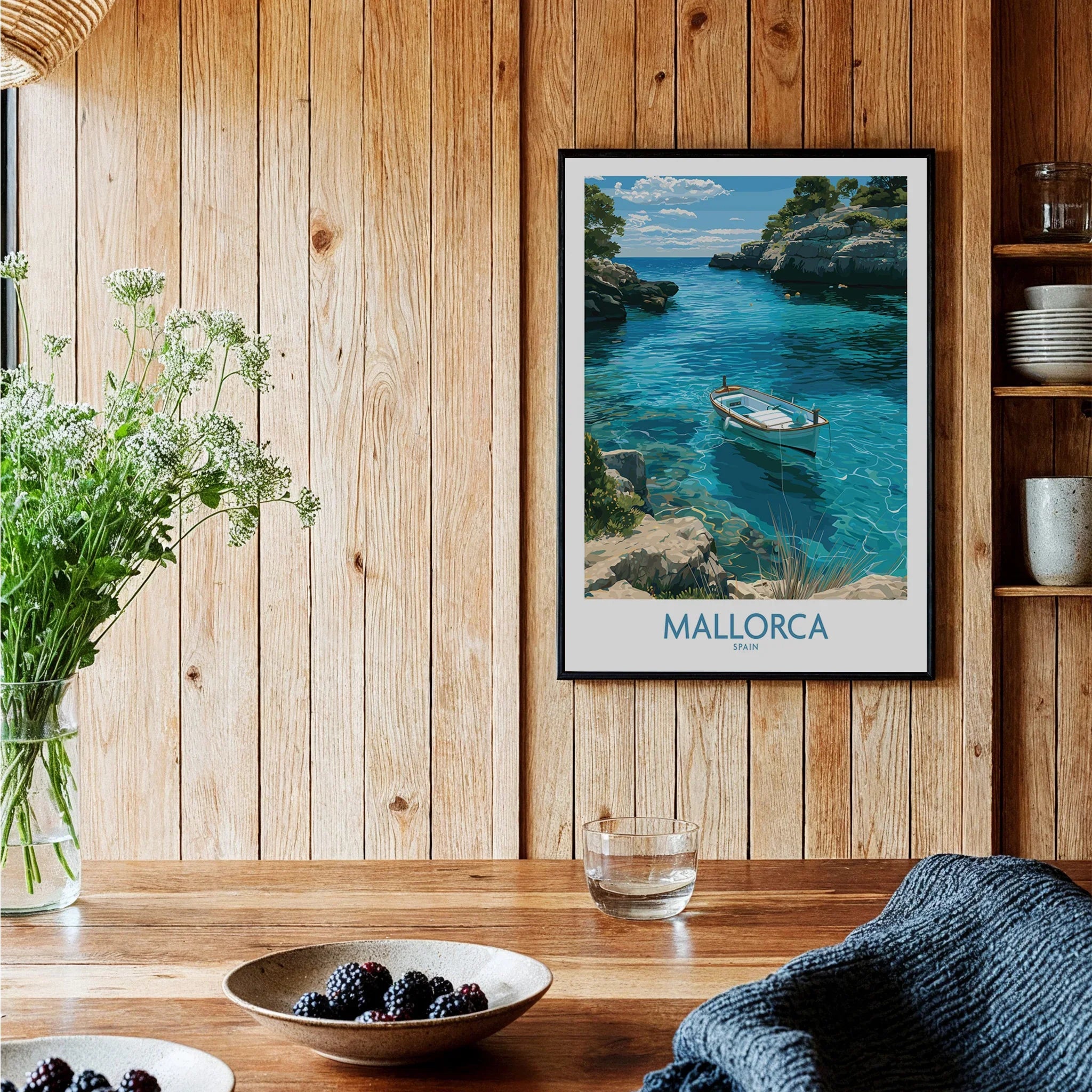 Mallorca Spain Rowing Boat Wall Art — black framed art print kitchen setting
