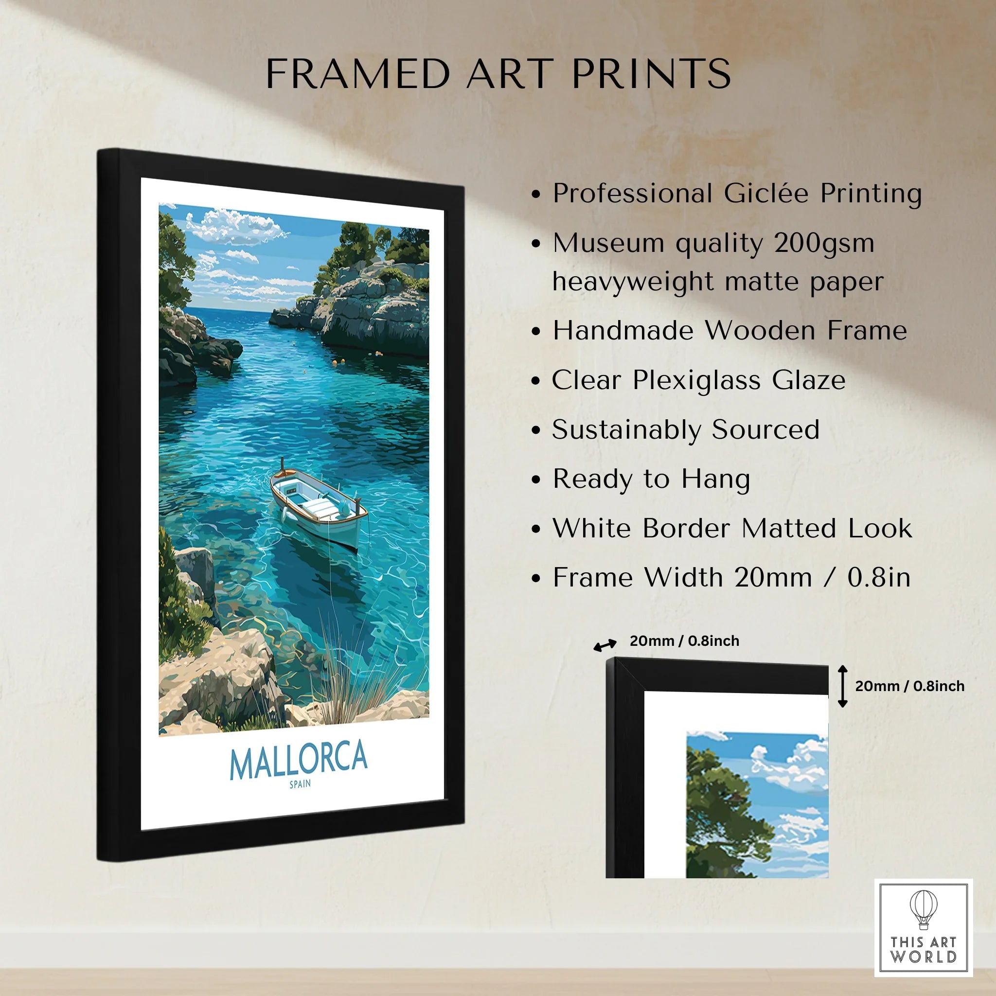 Mallorca Spain Rowing Boat Wall Art — framed print details measurements quality details