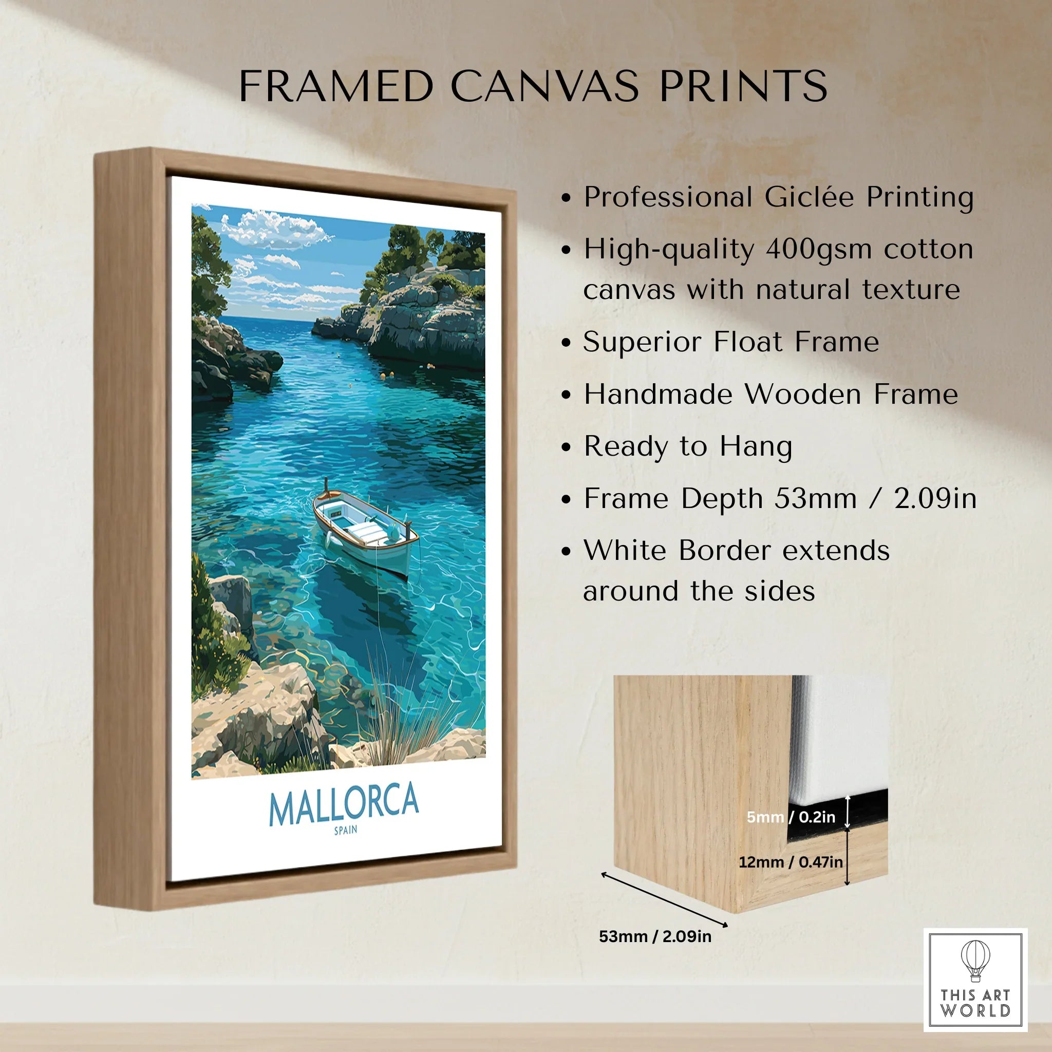 Mallorca Spain Rowing Boat Wall Art — framed canvas float frame details quality