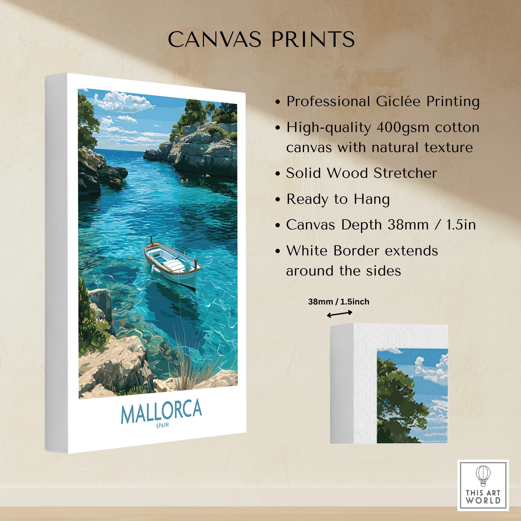 Mallorca Spain Rowing Boat Wall Art — canvas print stretched cotton canvas details