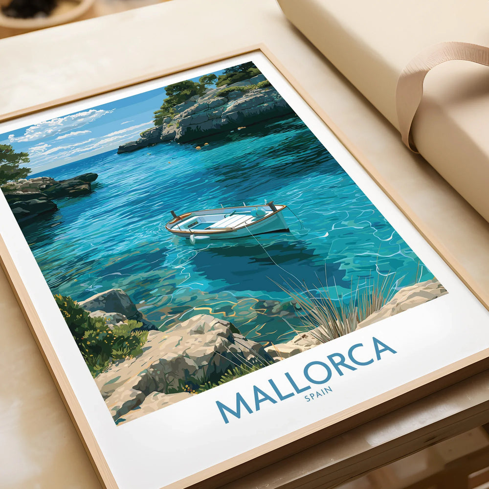 Mallorca Spain Rowing Boat Wall Art — framed art print closeup gift unwrapped natural frame