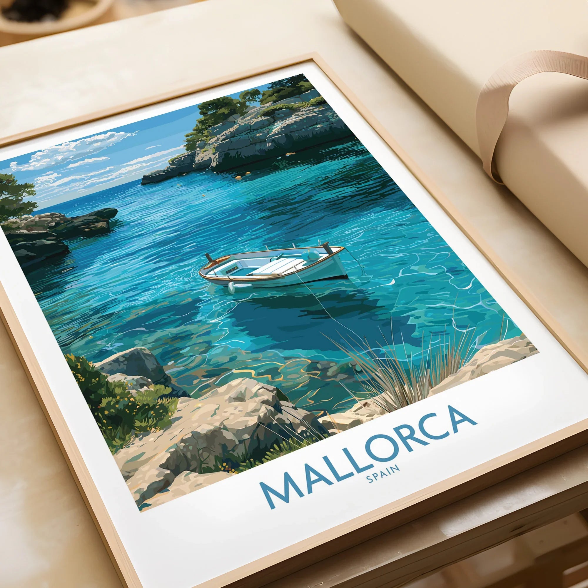 Mallorca Spain Rowing Boat Wall Art — framed art print closeup gift unwrapped natural frame