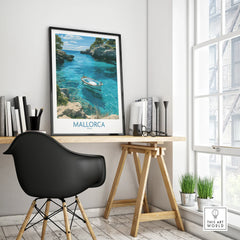 Mallorca Spain Rowing Boat Wall Art — framed poster black frame on office desk modern