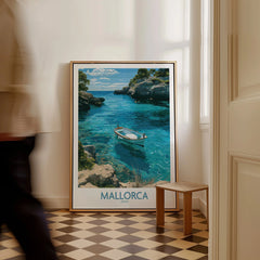 Mallorca Spain Rowing Boat Wall Art — framed canvas on floor man walking past