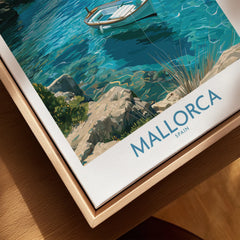 Mallorca Spain Rowing Boat Wall Art — closeup framed canvas natural wood floating frame