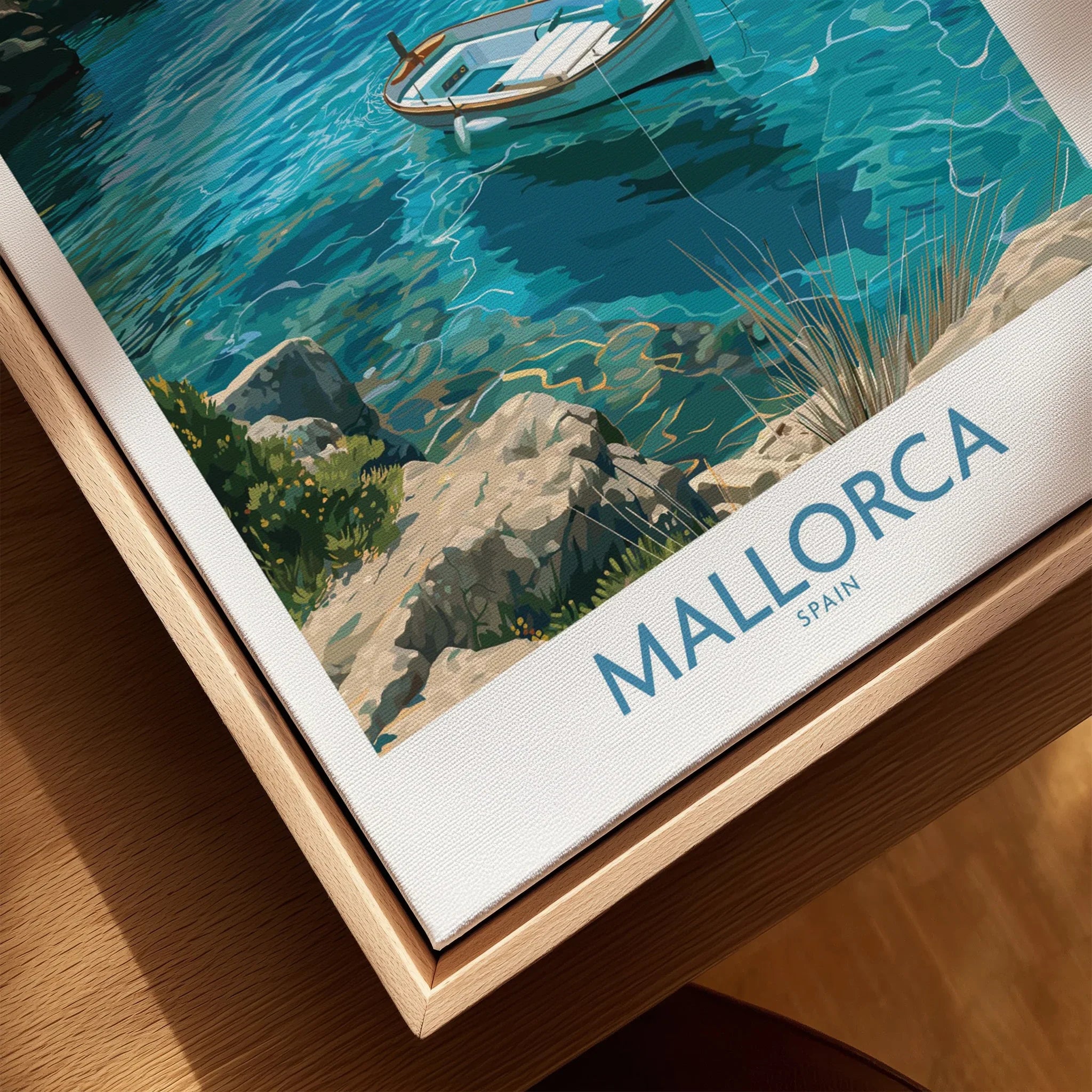 Mallorca Spain Rowing Boat Wall Art — closeup framed canvas natural wood floating frame